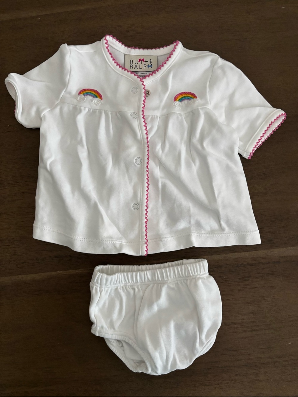 White Baby Layette Set with Pink Trim and Rainbow Embroidery